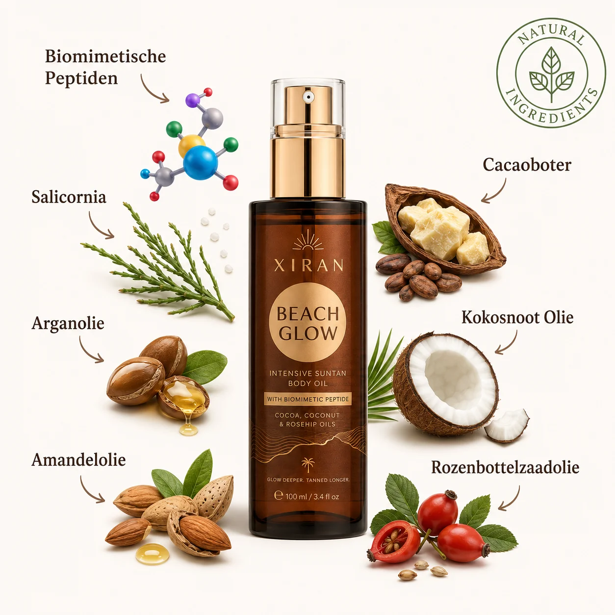 Xiran Beach Glow body oil bottle surrounded by labeled natural ingredients, including argan oil, coconut oil, almond oil, and rosehip seed oil.